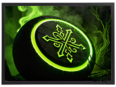 Et billede af en stor, rund skive med et grønt lysende mønster og mystiske symboler.