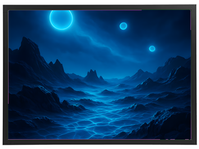 En surrealistisk naturscene med mørkeblå bjerge og to lysende stjerner over et bølgende hav.