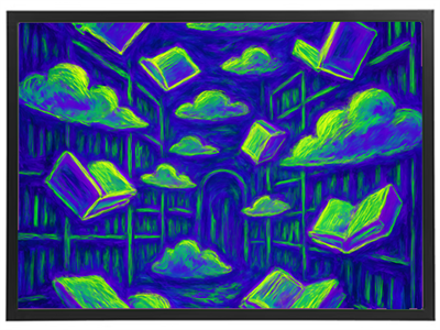 Et surrealistisk billede af et bibliotek med svævende bøger og farverige skyer.