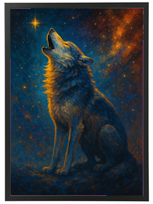 En kunstnerisk skildring af en ulv, der hyler mod stjernerne i en farverig nattehimmel.