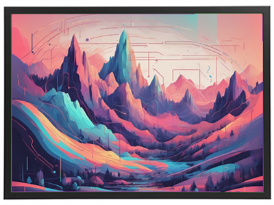 Et digitalt maleri af et dramatisk bjerglandskab med lyse farver og abstrakte linjer.