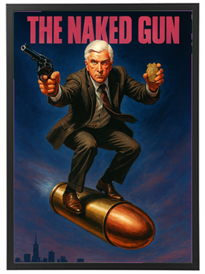 En illustration fra filmen The Naked Gun, der viser en mand med pistol og granat på en stor kugle.