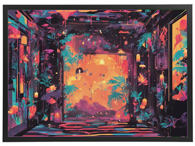 En surrealistisk indretning med levende farver, planter og en lysende baggrund.