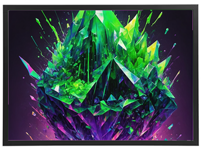 En farverig og kompleks krystalstruktur med grønne og lilla nuancer, der stråler af lys.