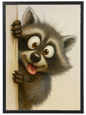 En tegneserieagtig vaskebjørn smiler og kigger nysgerrigt frem fra en væg.