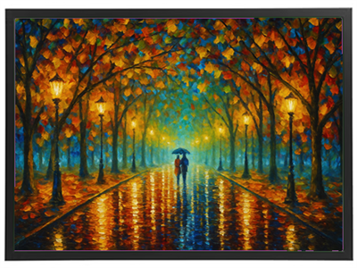 Et malerisk efterårslandskab med farverige træer, lamper og et par under en paraply.
