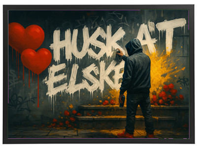 En person maler en væg med teksten HUSK AT ELSKE omgivet af røde hjerter og blomster.