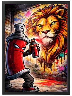 En farverig vægmaleri, hvor en spraymaler skaber et majestætisk løvehoved.