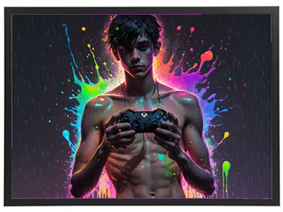 En ung mand holder en spillecontroller med farverige sprøjt omkring ham.