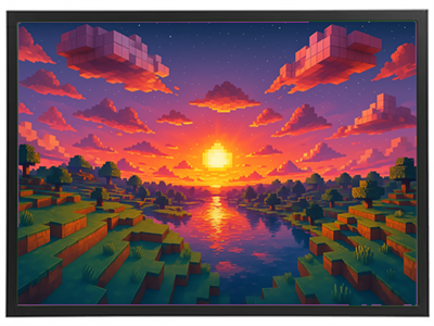 En smuk solnedgang over en pixeleret landskab med bjerge og en spejlende sø.