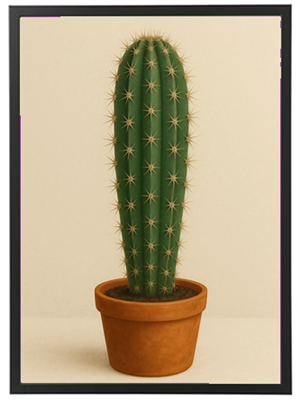 En høj, grøn kaktus med spidse torne i en brun lerkrukke, præsenteret mod en neutral baggrund.