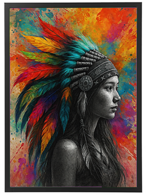 Et portræt af en kvinde med en farverig fjerhovedbeklædning mod en livlig baggrund.