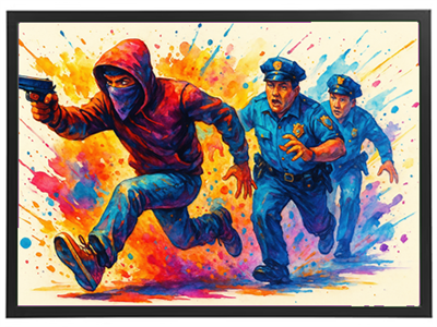 Et farverigt maleri af en person i hætte, der løber fra to politibetjente.