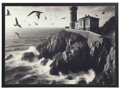 Et sort-hvidt billede af et fyrtårn på en klippe med bølger og fugle i luften.