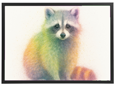 En farverig akvarelillustration af en vaskebjørn med bløde, pastelagtige nuancer.