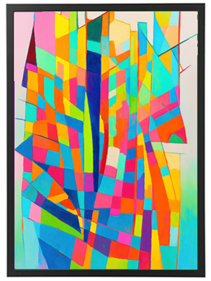 Et livligt og farverigt abstrakt maleri med geometriske former og lysende nuancer.