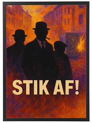 En farverig og dramatisk illustration med silhuetter af tre personer i en bysetting.