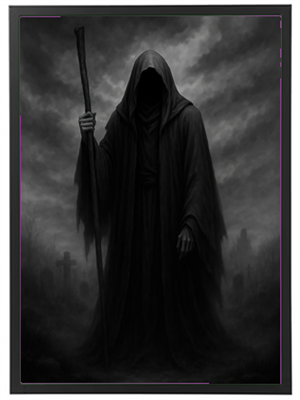 En mystisk, sortklædt skikkelse står i en dyster tåge, omfavnet af mørket.