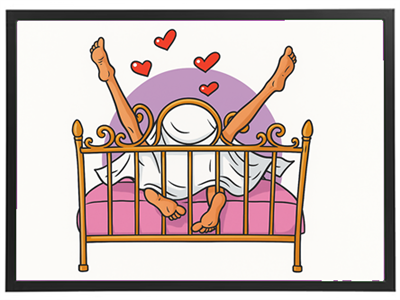 En humoristisk illustration af ben, der stikker op fra en seng, omgivet af hjerter.