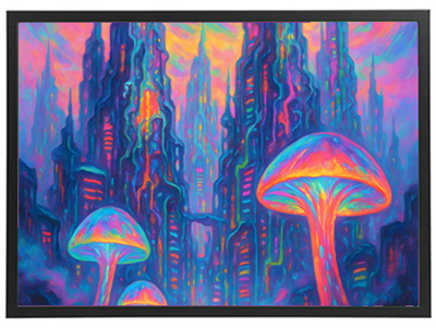 En farverig og surrealistisk skildring af en by med svampe og futuristiske bygninger.