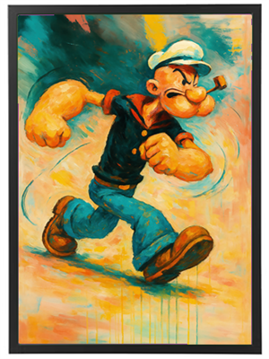 Et farverigt maleri af Popeye, der går med beslutsomhed og muskelkraft.