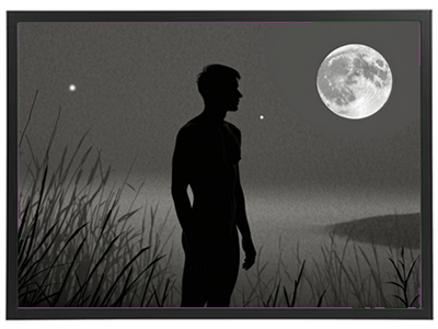 En silhouet af en mand står i græsset under en stjerneklar nat med en stor måne.