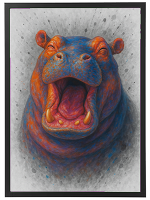 Et kunstnerisk billede af en flodhest, der brøler, med levende farver og dramatisk baggrund.