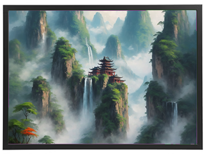 Et malerisk landskab med høje bjerge, vandfald og et traditionelt tempel omgivet af tåge.