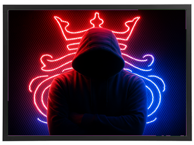 En mørk silhuet af en person iført hætte, omgivet af rød og blå neonlys med en krone.