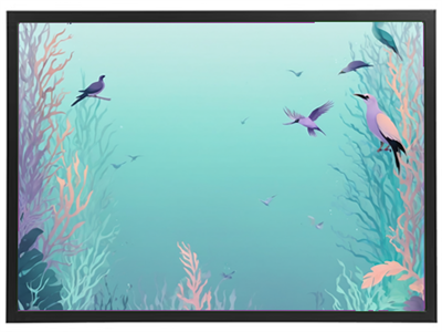 En illustration af en undervandsverden med farverige koraller og svømmende fugle.