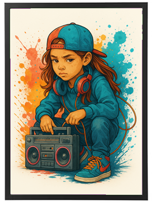 En illustration af en ung pige iført en blå hættetrøje og cap, der holder en boombox.