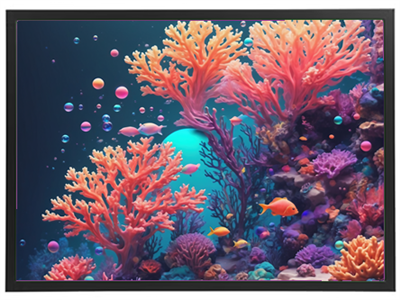 Et livligt korallrev fyldt med farverige koraller, fisk og bobler i klart vand.