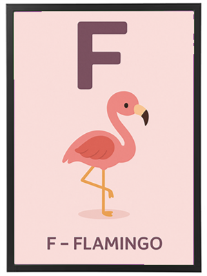 Et farverigt billede af en flamingo med bogstavet F, designet til læring.