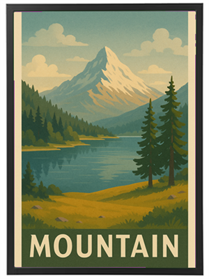 Et smukt bjerg med sneklædte toppe, omgivet af skov og en rolig sø.