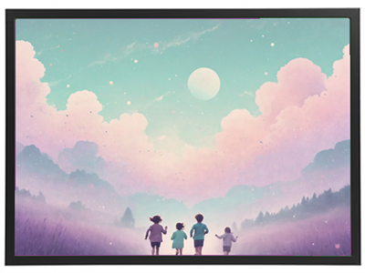 Fire børn går hånd i hånd gennem en smuk, farverig landskab med en stor måne.