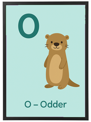 Illustration af en sød odder med bogstavet O, designet til at lære børn om dyr.