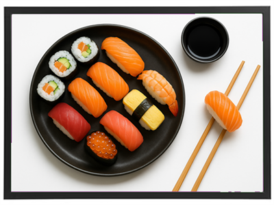 En assorteret samling af sushi, herunder nigiri, maki og sashimi, præsenteret på en sort tallerken.