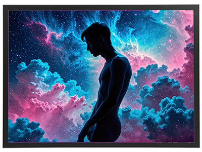 En silhouet af en mand mod en farverig, kosmisk baggrund med stjerner og skyer.