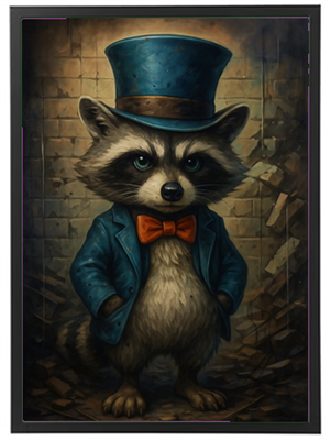 En charmerende vaskebjørn iført en blå hat og en rød butterfly, der står med hænderne i lommen.