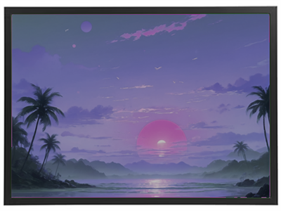 En farverig solnedgang med palmer, hav og bjerge i baggrunden, skaber en fredfyldt atmosfære.