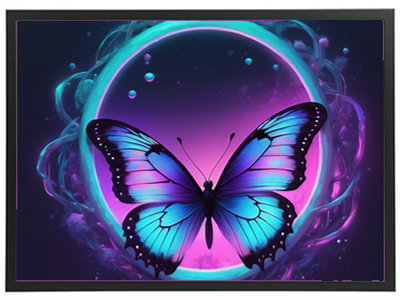 En smuk, farverig sommerfugl svæver i en drømmeagtig, lysende atmosfære.