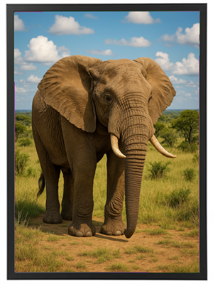 En stor elefant står stolt på en græsmark under en blå himmel med skyer.