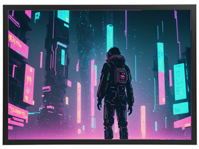 En ensom figur i rumdragt står i en futuristisk by omgivet af neonlys og digitale skilt.