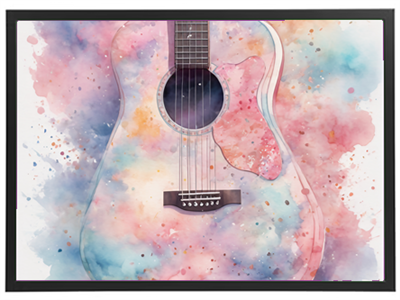 En smuk akvarelillustration af en akustisk guitar med pastelfarver og sprøjtede akvarelpletter.