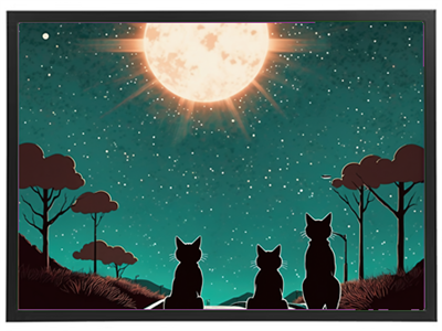 Et stiliseret billede af tre katte, der sidder og ser op på en lysende måne på en stjerneklar nat.