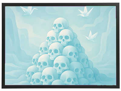 Et kunstværk, der viser en stak af kranier i en blød, blålig tone, omgivet af papirkraner.