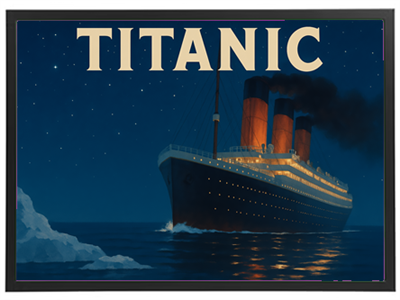 Et billede af det berømte skib Titanic, der sejler gennem natten.