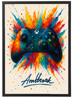 En kreativ illustration af en spilkonsol controller omgivet af sprøjt af farver.