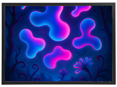 Et farverigt, futuristisk billede med glødende former i blå og pink nuancer, omgivet af mørke elementer.