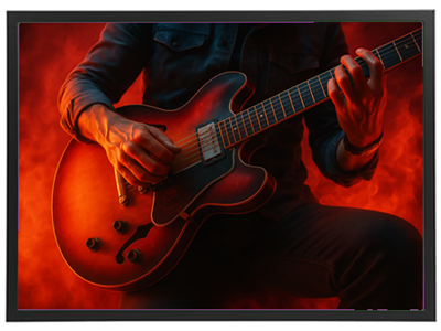 En person spiller guitar med intense farver i baggrunden, der skaber en dramatisk stemning.